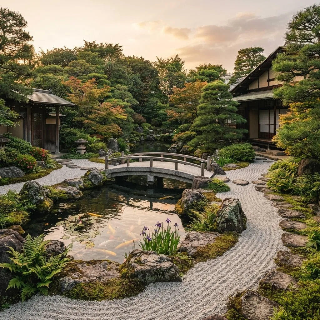 A private Tokyo estate garden with a still koi pond, stone bridge and manicured pines at golden hour