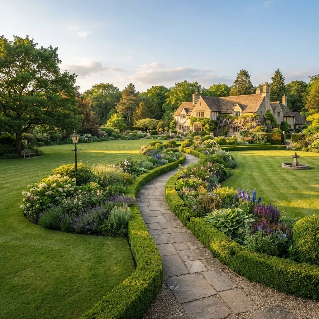 Manicured estate grounds with sculpted hedges and a stone pathway