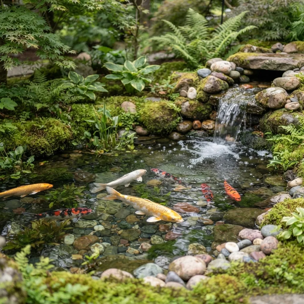 Close-up decorative koi pond with a small waterfall and river stones