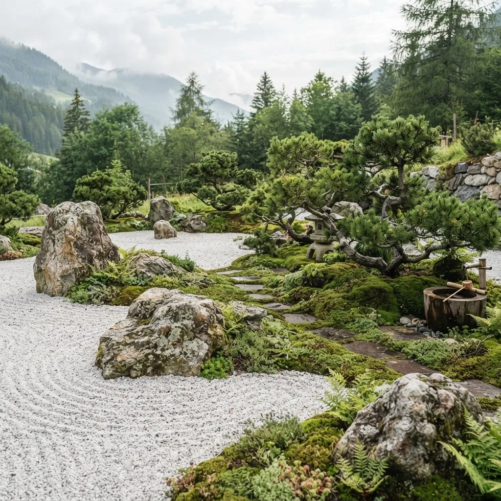 Alpine rock garden with weathered boulders and dwarf pines