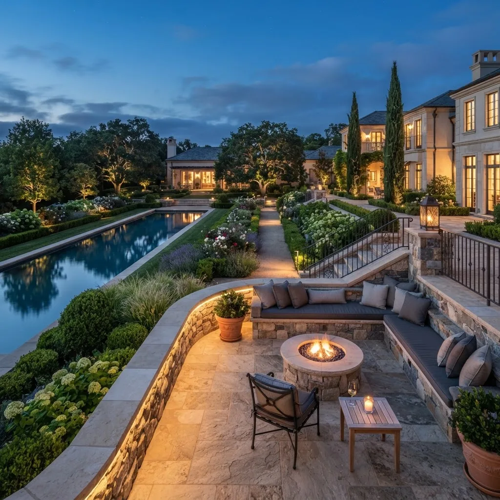 Stone terrace overlooking a reflecting pool at dusk