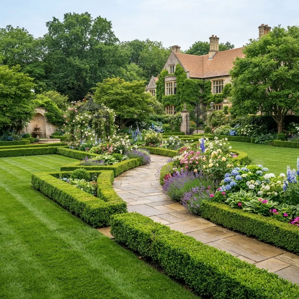 Manicured luxury estate grounds with hedges and layered flower beds