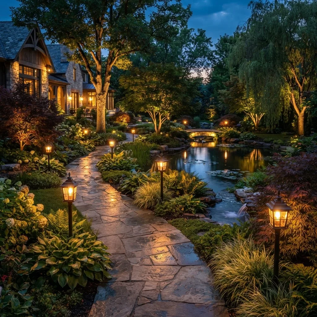 Elegant garden lighting design illuminating stone paths and a pond at dusk