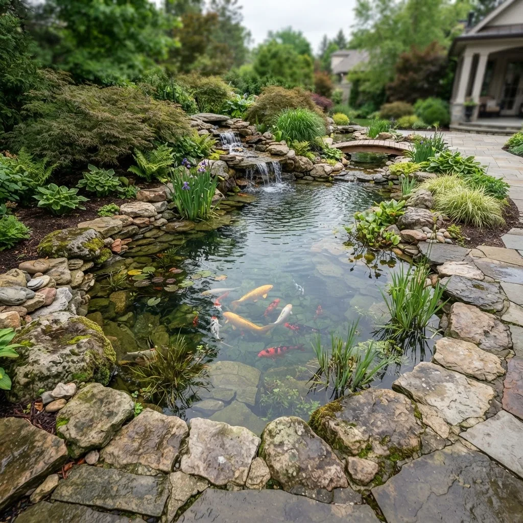 Custom decorative koi pond with stone edging and a small waterfall