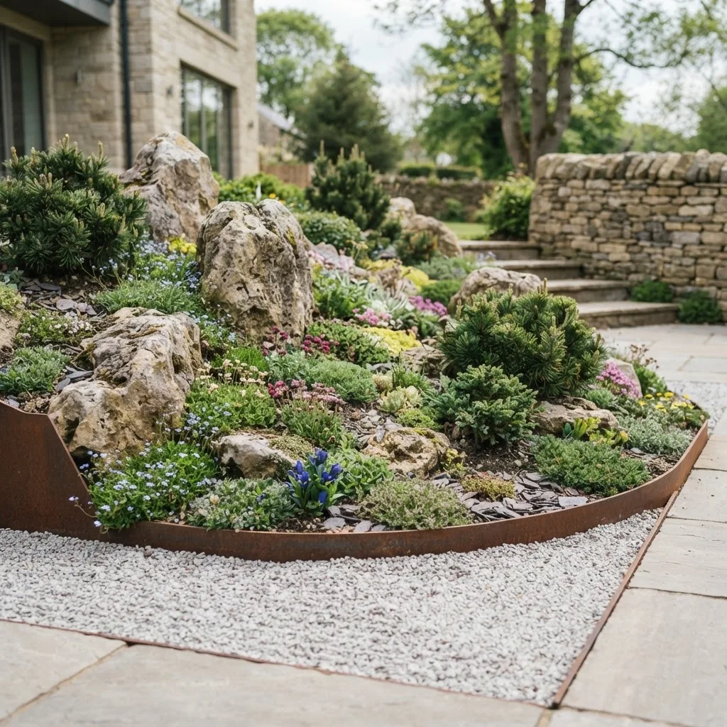 Compact alpine rock garden with curated boulders and dwarf conifers